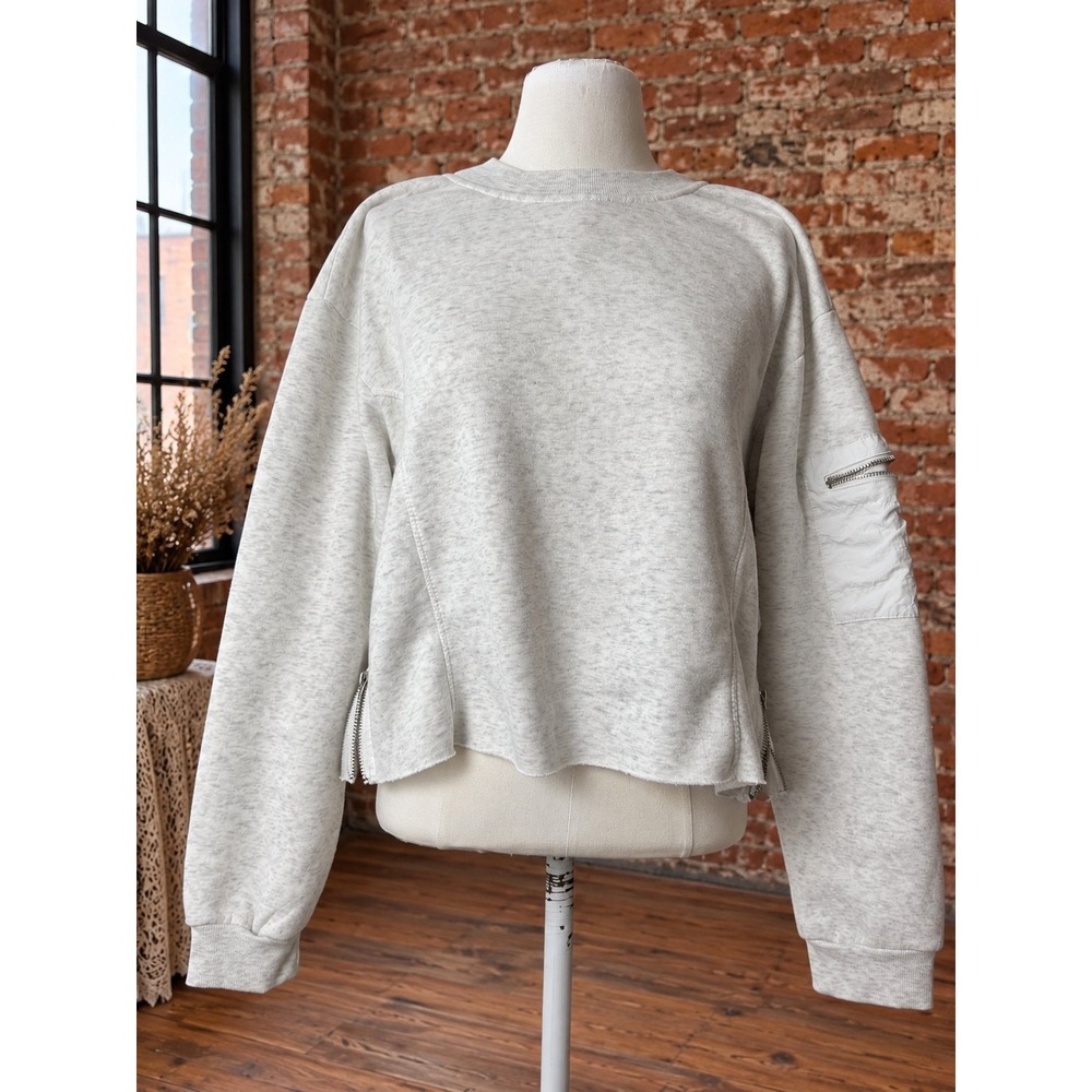 Gray Heathered Crop Utility Sweatshirt Pullover L Minimalist Casual Boho